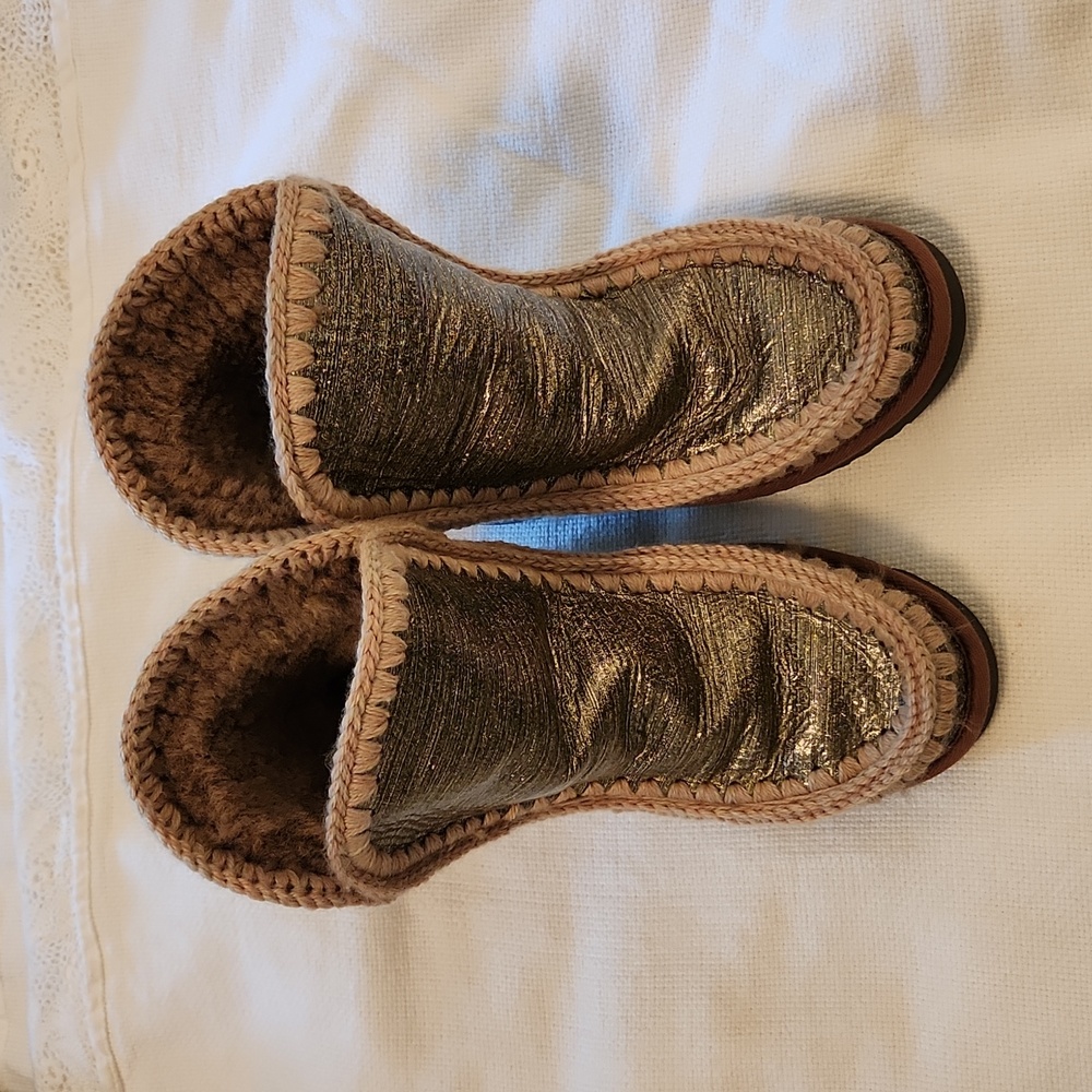 Like New Mou Sheepskin Wedget Boots - gold metallic